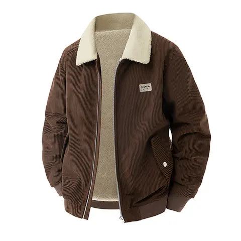Men’s Fitted Plain Khaki/Brown Corduroy Coat - Woven Long-Sleeve Top with Fleece Collar, Full-Zipper Closure, Thick Lining for Autumn-Winter Everyday Wear
