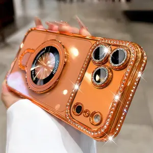 Magnetic Diamond Stand Case For iPhone 17 Air 16E 15 14 Plus 13 11 12 16 17 Pro Max Magsafe Bling Bling Glitter Protector Cover