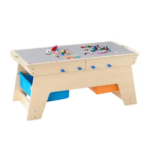 summervibes VEVOR Kids Reversible Wooden Activity Table, Multi-Purpose Activity Play Table with 200 Building Bricks 3 Storage Bins for Kids 3+ Years, Large Storage Space, Present for Boys Girls, Natural