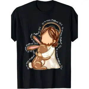 He is resurrected Easter T-shirt, religious Jesus bunny pattern, Matthew 28:6 Bible verse, black with gold accents