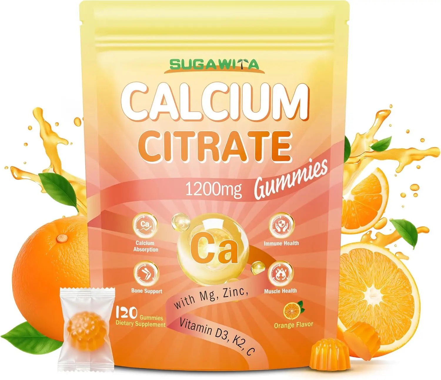 SUGAWITA Calcium Citrate 1200mg with Vitamin D3 Gummies, Calcium Supplement for Women & Men with Magnesium, Zinc, High Absorption Calcium Chewable for Bone Muscle Support, Sugar-Free, Orange Flavor, 120 Gummies