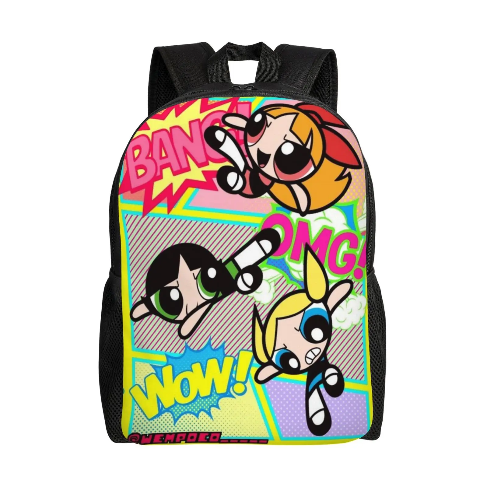 The Powerpuff Girls Waterproof Polyester Backpack with Full Front Print, Laptop Sleeve, 15-Inch Waterproof Computer Bag Compatibility, Laptop Work Bag, Ipad, Traveling Backpack, Widened Breathable Straps, Traveling Bag, Wider Straps