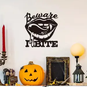 Beware I Bite Halloween wall decor—sexy lips vampire metal art. Perfect for bedroom decor ideas.