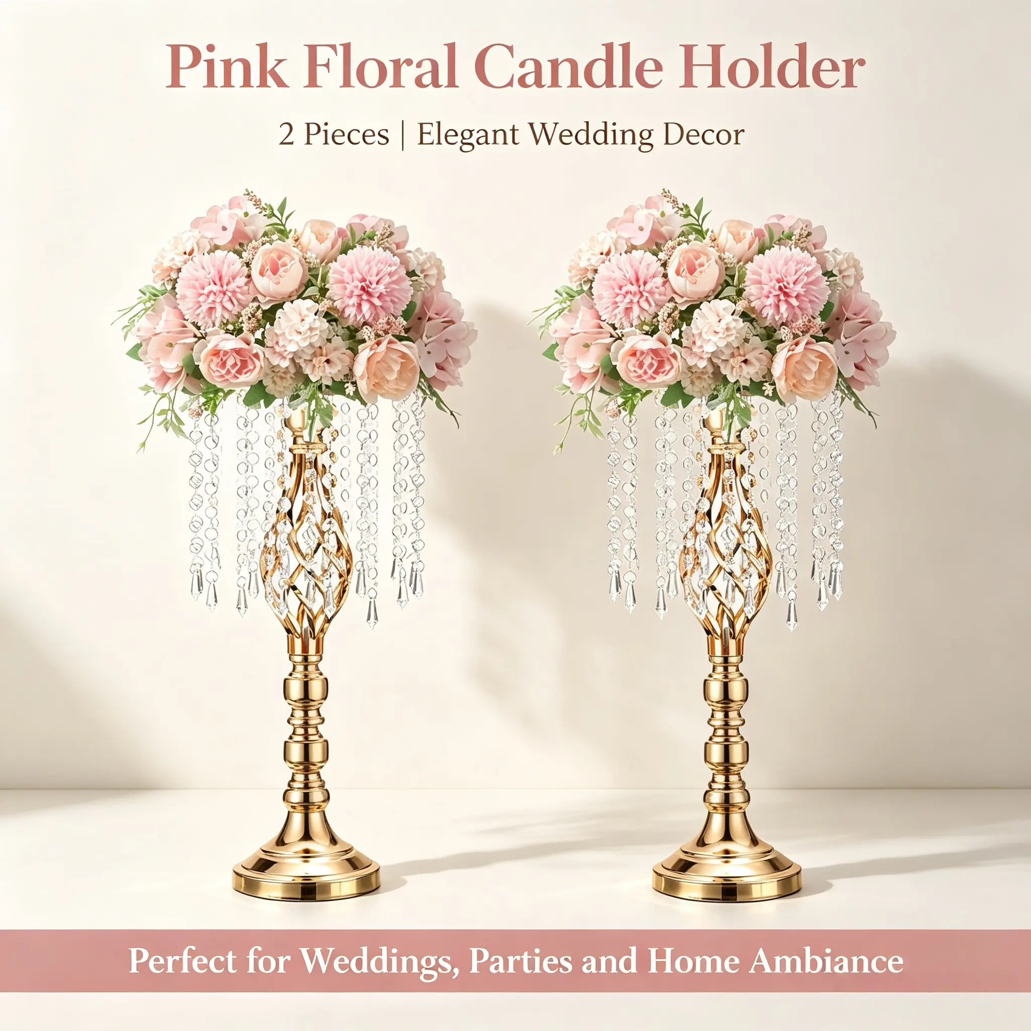 2Pcs Metal Wedding Vases, 16 Strands Crystal Flower Stands, Gold Silver Table Centerpiece, Wedding Party Dinner Hotel Home Birthday Decor, Housewarming Gift, Indoor Outdoor Plastic Flower Ornaments, Fresh Flowers Not Included