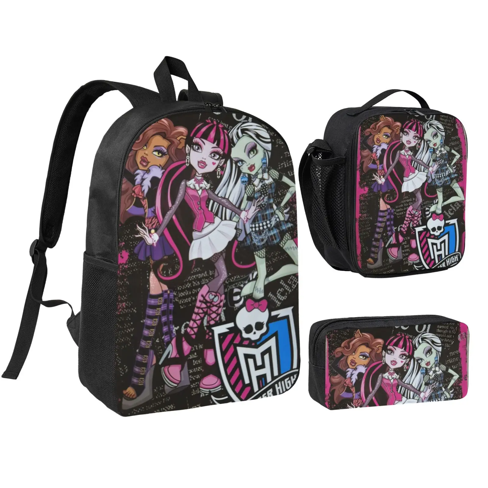 Monster High Lightweight Backpack Set With Lunchbox And Pen Pouch A Great 17inch Backpack For Traveling Rucksack Draculaura Daypack Cleo de Nile lunchbag, Vibrant, 3.5*7.9*9.8Inch, 5.1*12.6*17Inch