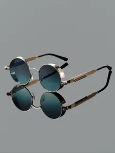 Men's Full Frame Round Glasses, Fashion Metal Frame Eyewear, Spring Decoration Temples, Unique Coated Lenses, Travel & Street Photography