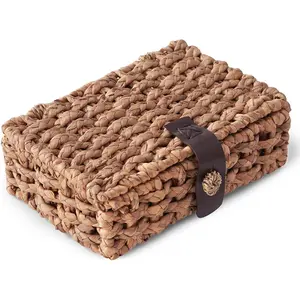 Decorative Box with Lid, Wicker Storage Basket, Water Hyacinth Woven Decorative box for Shelf, Coffee Table, Console Table, Home Decor (Small)