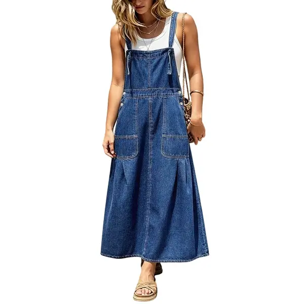 Flamingals Wash Patch Pocket Pleated Long Denim Overall Dress Womenswear