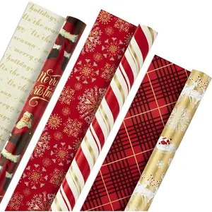 Christmas Wrapping Paper Rolls - Traditional Holiday Gift Wrap Paper (Set of 3 Reversible Rolls: 120 sq. ft. ttl.) Red and Gold Snowflakes, Stripes, Plaid, Santa's Sleigh