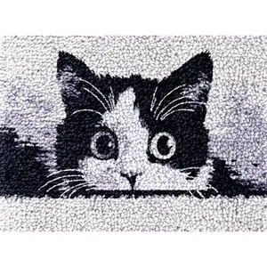 Cute Black and White Cat Latch Hook Rug Kit for Adults DIY Carpet Cushion with Printed Canvas Crochet Yarn Home Decor Pet Warm Pad 52x38cm