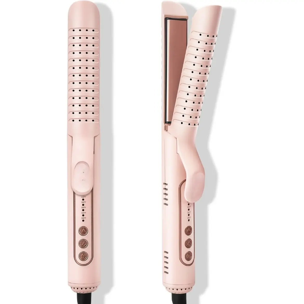 Hair Straightener Curler 2-in-1: 1.25" Flat Iron for Women - Curling Wand 360° Airflow Cooling Vents Titanium Ionic for Less Frizz - 5 Temps & Auto Off Dual Voltage (Pink)