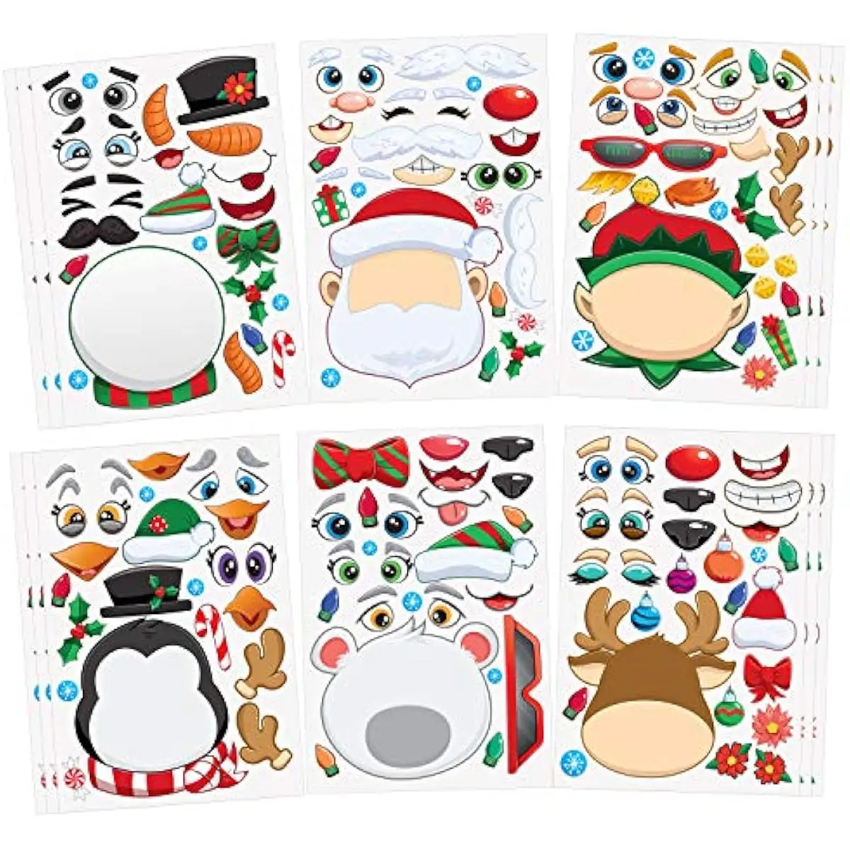 24 Pcs Christmas Make-a-face Stickers, Make Your Own Characters Mix and Match Sticker Sheets with Christmas Elf, Santa Santa, Snowman, Penguin, and Polar Bear Kids Party Favor Supplies Craft