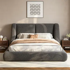 [15 Mins Assembly] Raybee Cloud Bed Frame with 5" Thick Ergonomic Wingback Headboard Soft Boucle Upholstered Low Profile Platform Bed, Bump-Resistant Rounded Corners, Anti-Slip Noise-Free, 880LBS Capacity for Bedroom, Dorms, Apartment, Beige, Black, Gray