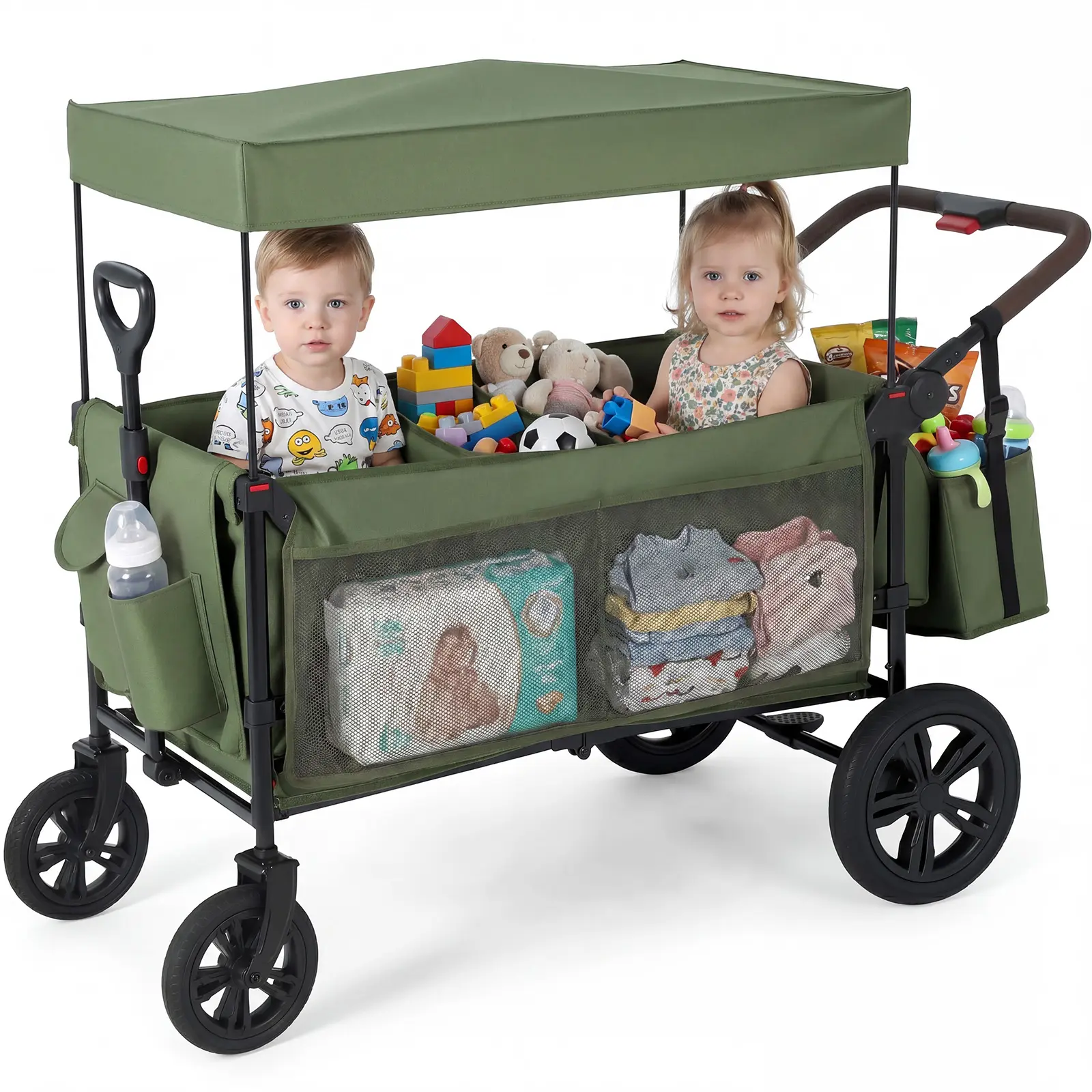 Garvee 2-Seat Collapsible All-Terrain Stroller Wagon for Kids - Adjustable Push/Pull Handle, Removable Canopy, 5-Point Harness, Large Storage Pocket - Black Cationic Cloth, Collapsible Wagon, Kids Wagon, Outdoor Wagon, Stroller Cart, Utility Wagon