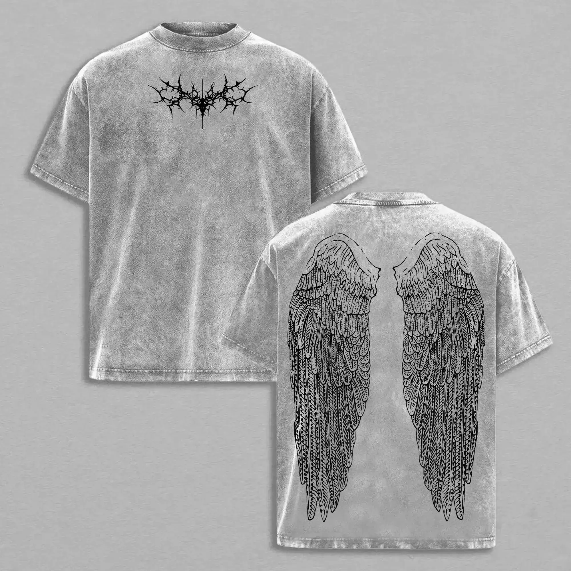 Y2K Gothic Angel Wings Oversized Graphic Tee Vintage Acid Wash T Shirt Cyber Sigilism Streetwear Gym Pump Cover Grunge Dark Aesthetic Opium Core Tiktok Finds Trendy Alt Clothing Mens Womens Unisex Fashion Casual Top Emo Retro Faded Apparel