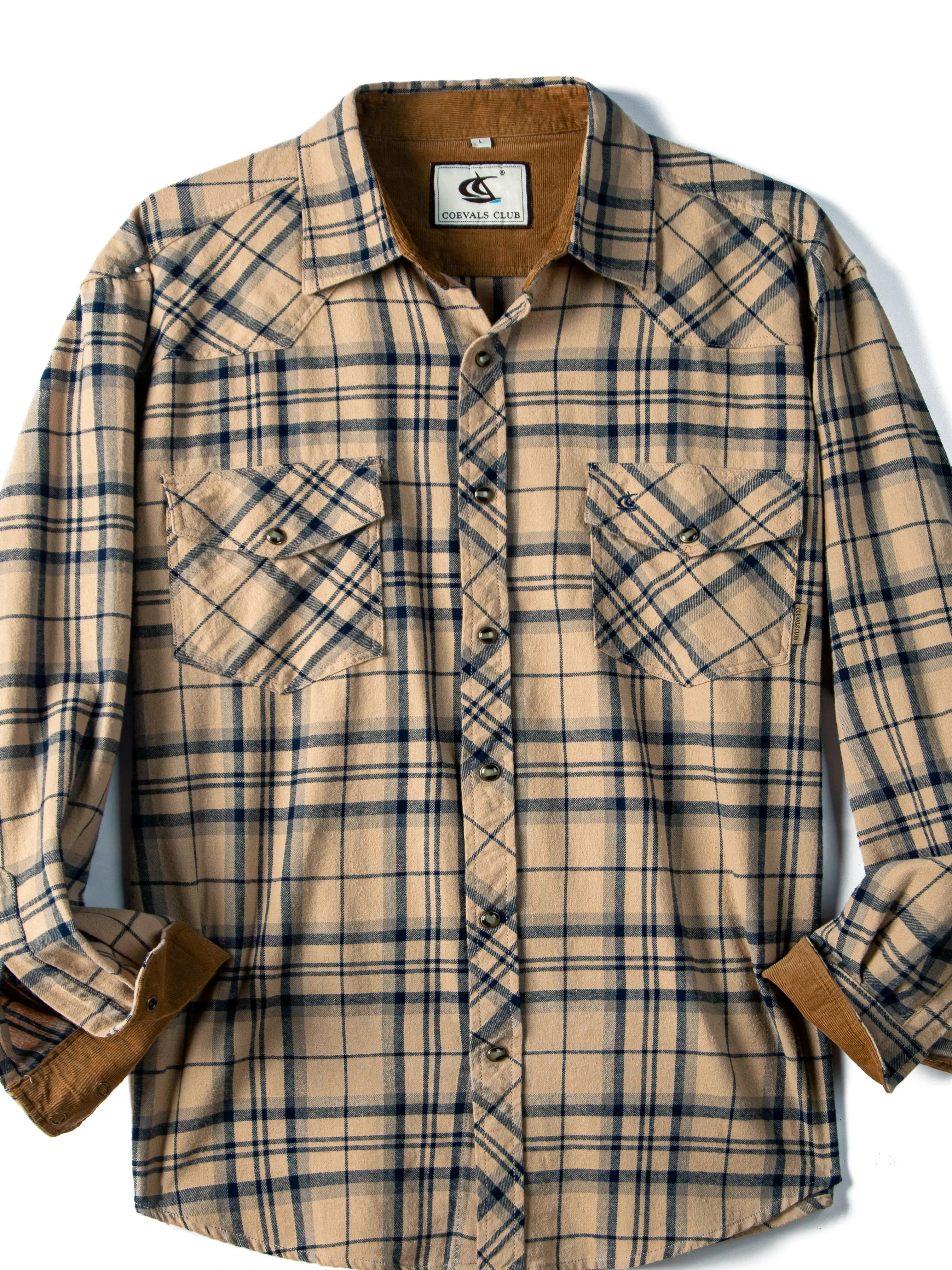 COEVALS CLUB Men's Plaid Flannel Snap-Front Corduroy-Lined Western Cowboy Long-Sleeve Casual Button-Up Shirt