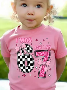 I Was 6 Now I Am 7 Girls T-Shirt, Pink Bow Leopard Print Kids Graphic Tee, Youth Girls 7th Birthday Outfit, Checkered Aesthetic Toddler Shirt, Breathable Soft Cute Kids Fashion Top for Birthday Party, Photo Shoot & Daily Wear, Girls Birthday Gift Tee