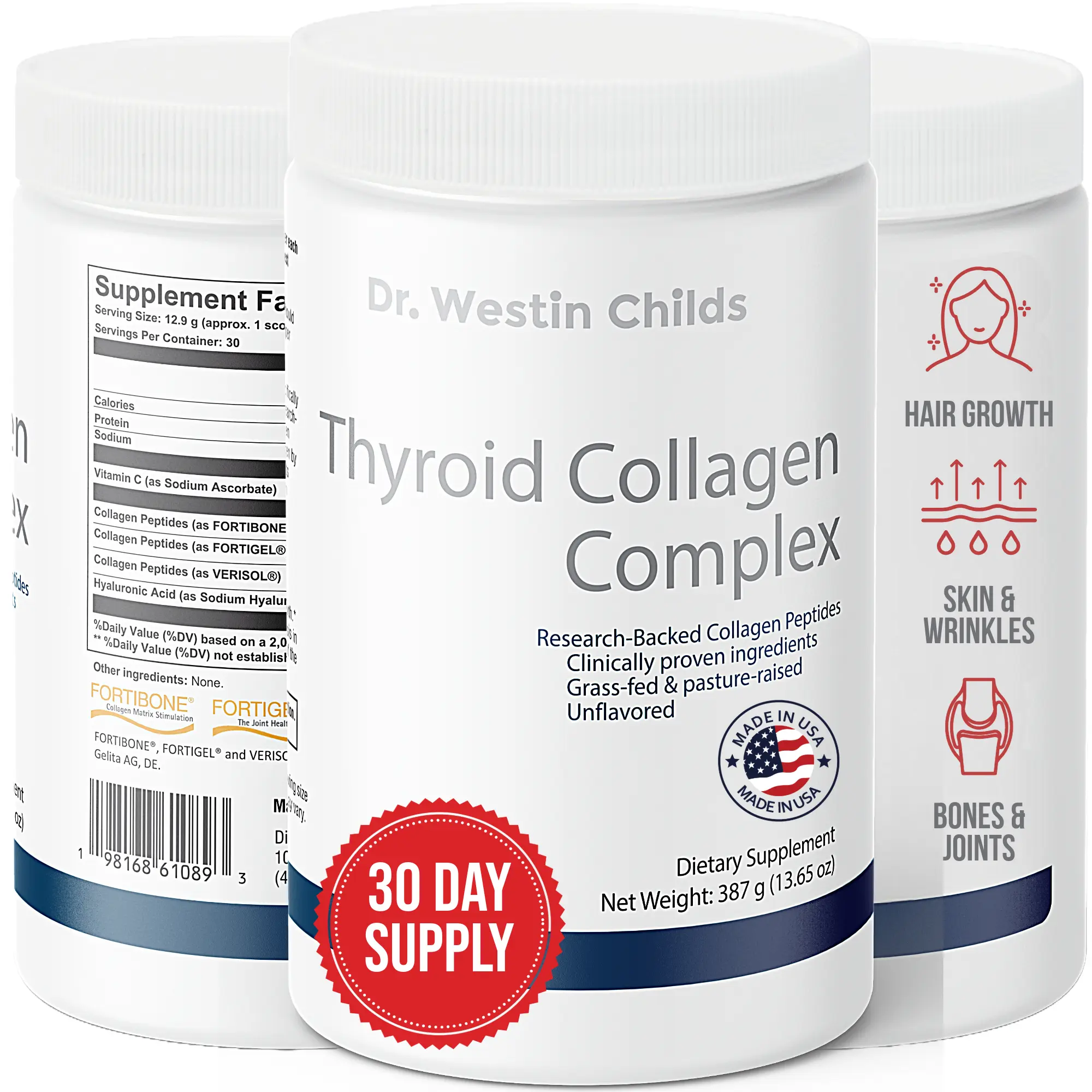 Dr. Westin Childs - Thyroid Collagen Complex, Patented Peptides Protein Powder - Hyaluronic Acid & Vitamin C for Thyroid, Hair, Skin, Nails, Joints, & Digestion Support, Grass-fed, Unflavored, 13.6oz