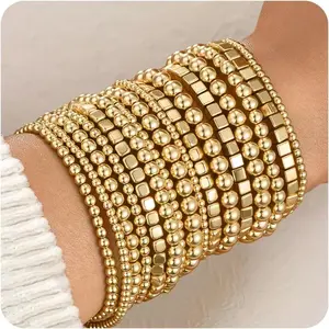 16 PCS Gold Bead Bracelet for Women, Gold Beaded Stretch Plated Stackable Strand Bead Ball Bracelets stack Adjustable Jewelry Set for Gifts