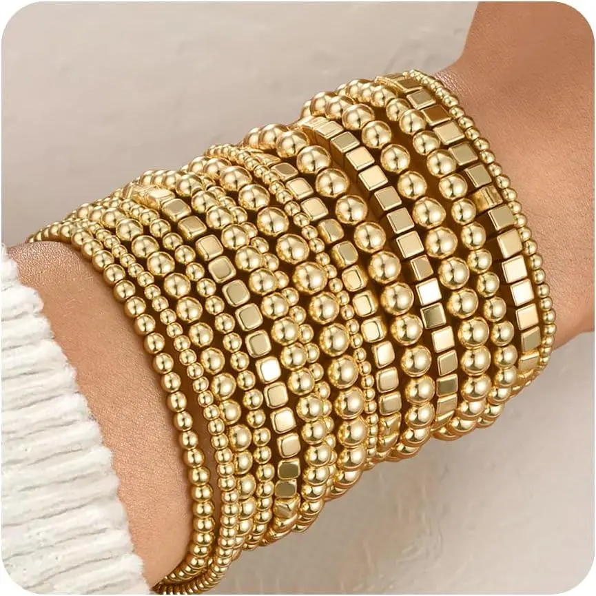 16 PCS Gold Bead Bracelet for Women, Gold Beaded Stretch Plated Stackable Strand Bead Ball Bracelets stack Adjustable Jewelry Set for Gifts
