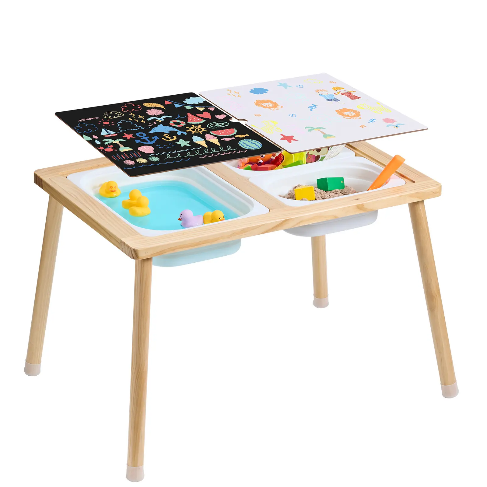 【summerfinds】VEVOR Sensory Table for Toddlers, Kids Activity Table with 3 Foldable Storage Bins & Double-Sided Board, Indoor/Outdoor Play Sand and Water Table, Wooden Kids Sensory Table for Drawing Studying Dining