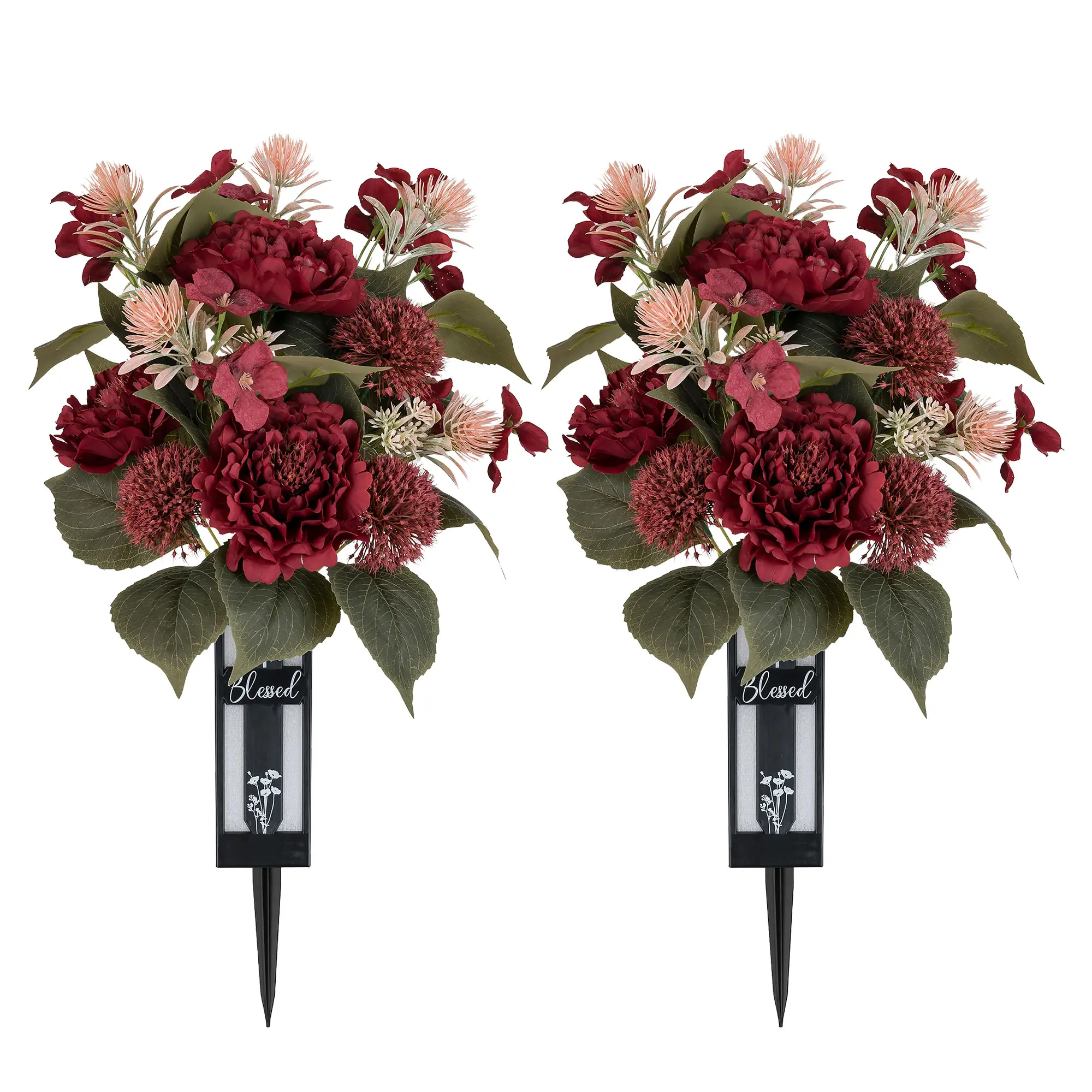 Cemetery Flowers for Grave: 2 Pcs Grave Flower Bouquets for Cemetery Decorations Spring Summer Outdoor Gravesite Flowers with Vase Peony Camellia