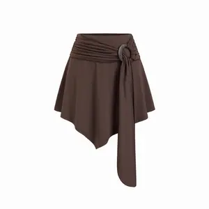 Cider Mid Rise Asymmetrical Belted Flared Mini Skirt