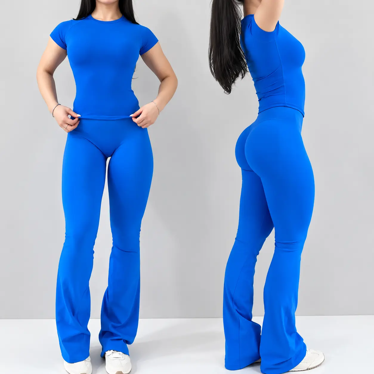 RICH BRIA 2 Piece Set for Women, IMPACT Sports Sets, Short Sleeve Tee Top & Low-mid Waist Flares Leggings, Gymwear Workout Gym Women Butt Lifting Sports Pants Tummy Control Flared Leggings Gym Sets for Yoga and Fitness, Compression Activewear Yoga Clothes