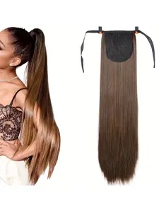 Light Brown Long Straight Synthetic Hair Drawstring Ponytail Extensions with Tie-Back Strap - Heat-Resistant for Women, Natural Look for Daily Wear