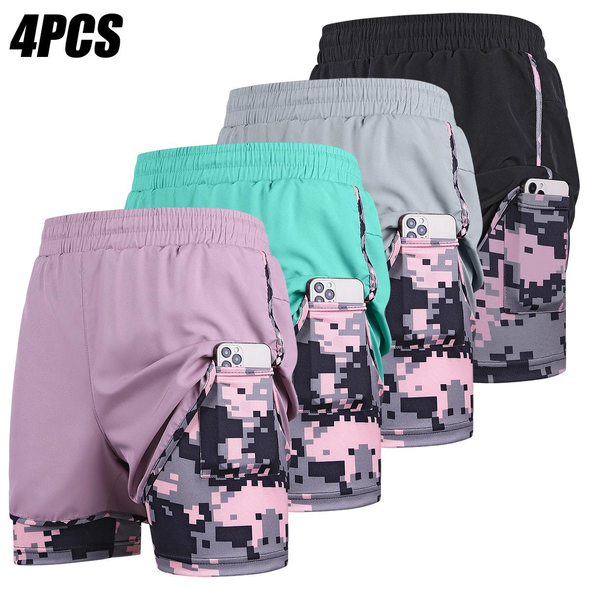 Women's Fashion Polyester Quick-Dry Breathable High-Stretch Tie Drawstring Athletic Shorts, Double-Layer Camouflage Lining, Anti-Exposure Design, Loose Fit for Fitness, Running