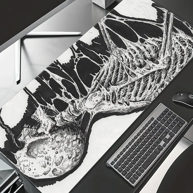 Skull Pattern Mouse Pad Black and White Color Gaming Mouse Pads Gothic Style Mousepad Rubber Stitched Edges Keyboard Pad Ideal Desk Accessories Desktop Accessories Large Desk Decor for Home Office Ideal Gifts for Friends