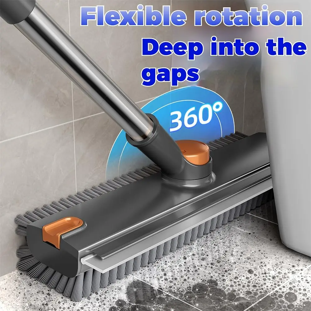3-in-1 Rotating Broom Floor Scrub Brush with Squeegee Mop - 360° Rotates, Durable Stainless Steel Adjustable Long Handle, Stiff PVC Bristles, Built-in Rubber Scraper, Easy-Change Pads, Tile Cleaner Mops for Multiroom Use, Garage