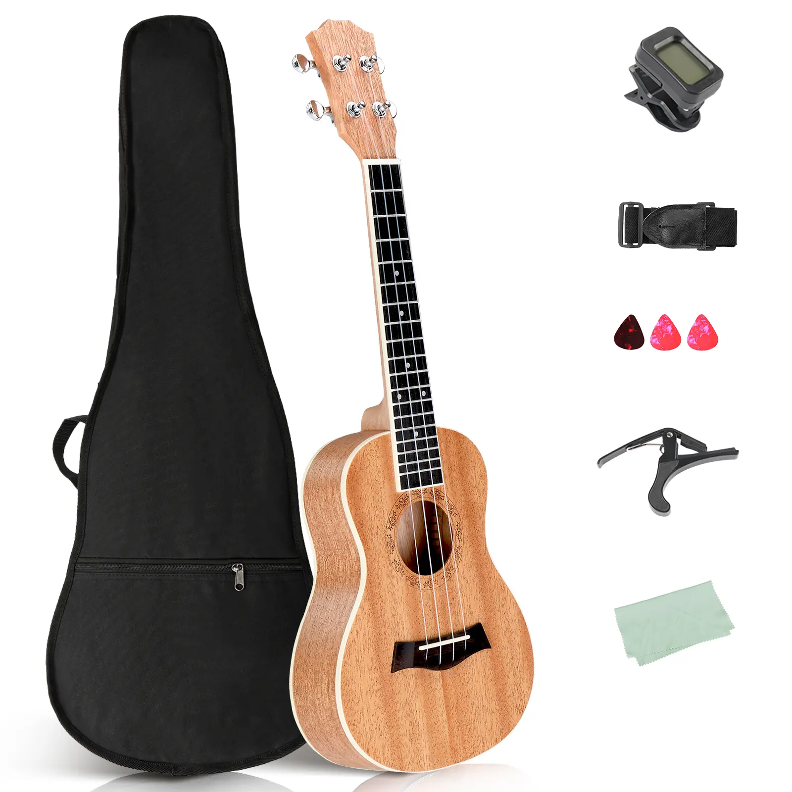 23" All-Solid Mahogany Concert Ukulele Starter Kit - Adjustable Shoulder Strap, Bag, Capo, Microfiber Cleaning Cloth, Truss Rod Wrench, Music Instrument with Hawaiian Tone - Beginner-Friendly Unisex Gift for Teens, Adults, Birthdays, Festivals