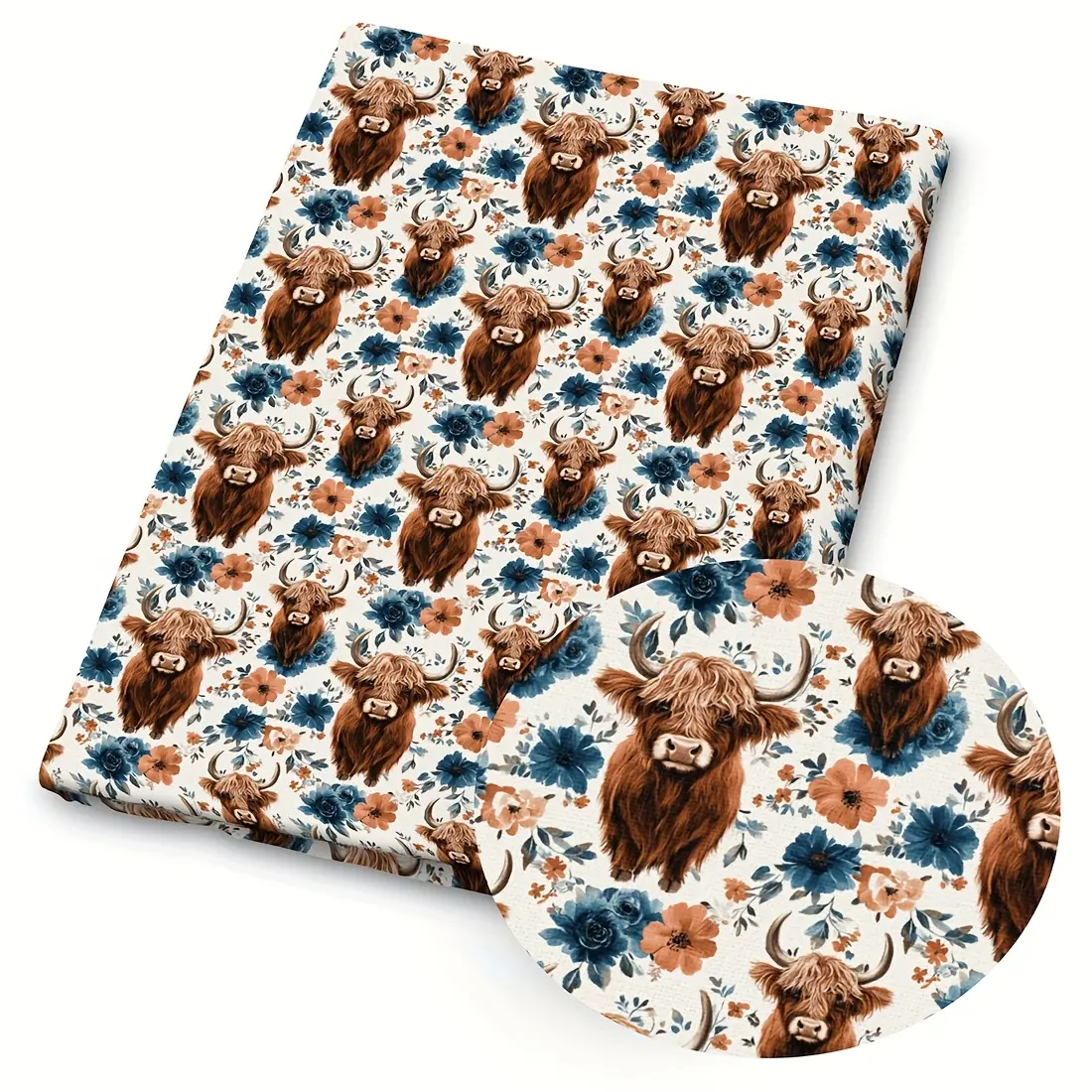 1 piece of Bohemian floral pattern Highland Cow print fabric – 59 x 19.68 inches (150 x 50 cm) pre-cut polyester fabric – suitable for DIY sewing, scrapbooking, tablecloths, and crafts