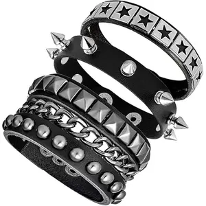 3PCS Spiked Punk Rock Leather Bracelets for Women Men | 80s 90s Emo Goth Studded Cuff Wristbands | Adjustable Faux Leather Wrap Jewelry | Retro Y2K Rocker Chain Rivet Bangle | Festival Concert Halloween Accessories, Halloween decoration, punk accessories