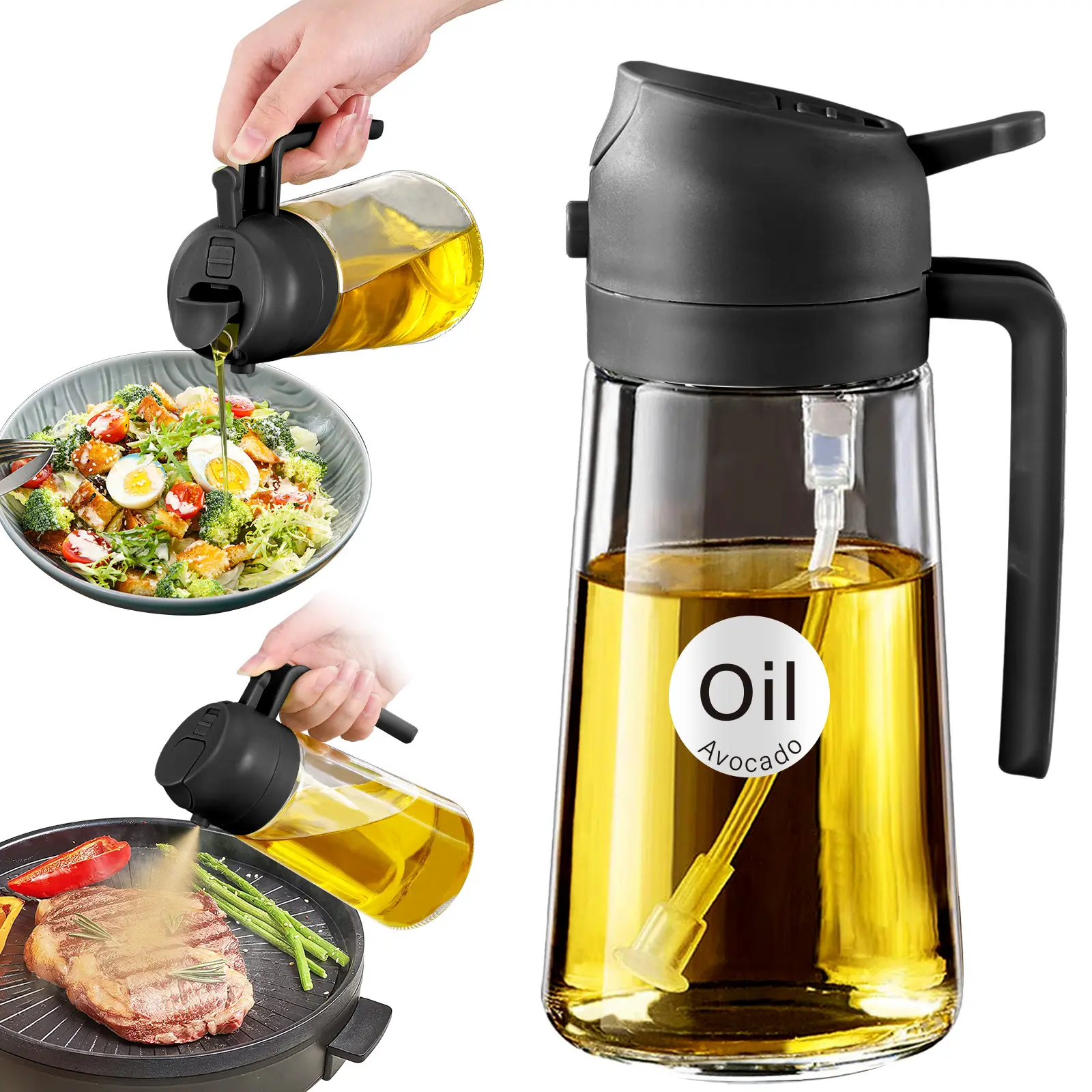YARRAMATE 16oz/470ml Glass Olive Oil Sprayer for Cooking，2 in 1 Oil Dispenser for Kitchen Gadgets - Ideal for Salads & Grilling, Easy-to-Use Oil Dispenser, Versatile Oil Sprayer Bottle