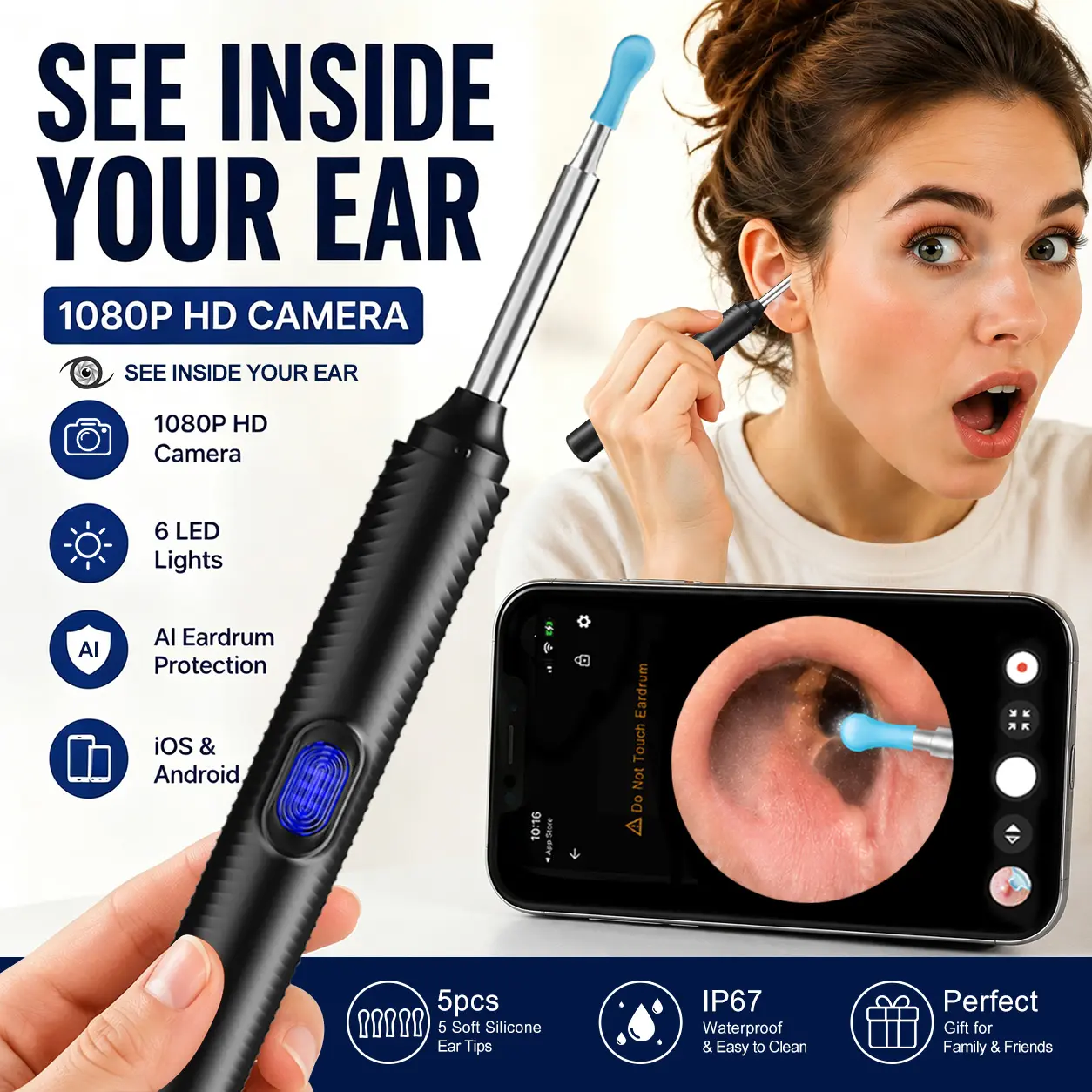 Visual Ear Wax Removal Tool with Camera, 1080P HD, AI Eardrum Alert, Waterproof Ear Cleaner, Compatible with iPhone & Android, 8PCS Ear Cleaning Kit for Adults, Kids & Pets