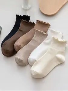 Women's Frill Trim Crew Socks, Casual Basic Low Cut Socks for Daily Wear, Women's Socks for All Seasons