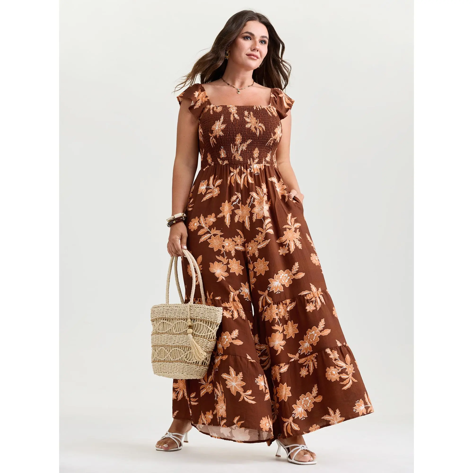 BLOOMCHIC Women's Plus Size Tropical Brown Floral Print Cinched-Waist Nylon Overalls - Sleeveless,Smooth Fabric,Pockets,Body Flattering,Fit Womenswear Garment [M-6X] 2026 Plus Size Overalls,Fashion Overalls,Spotlight Deals for you days,Summerfinds