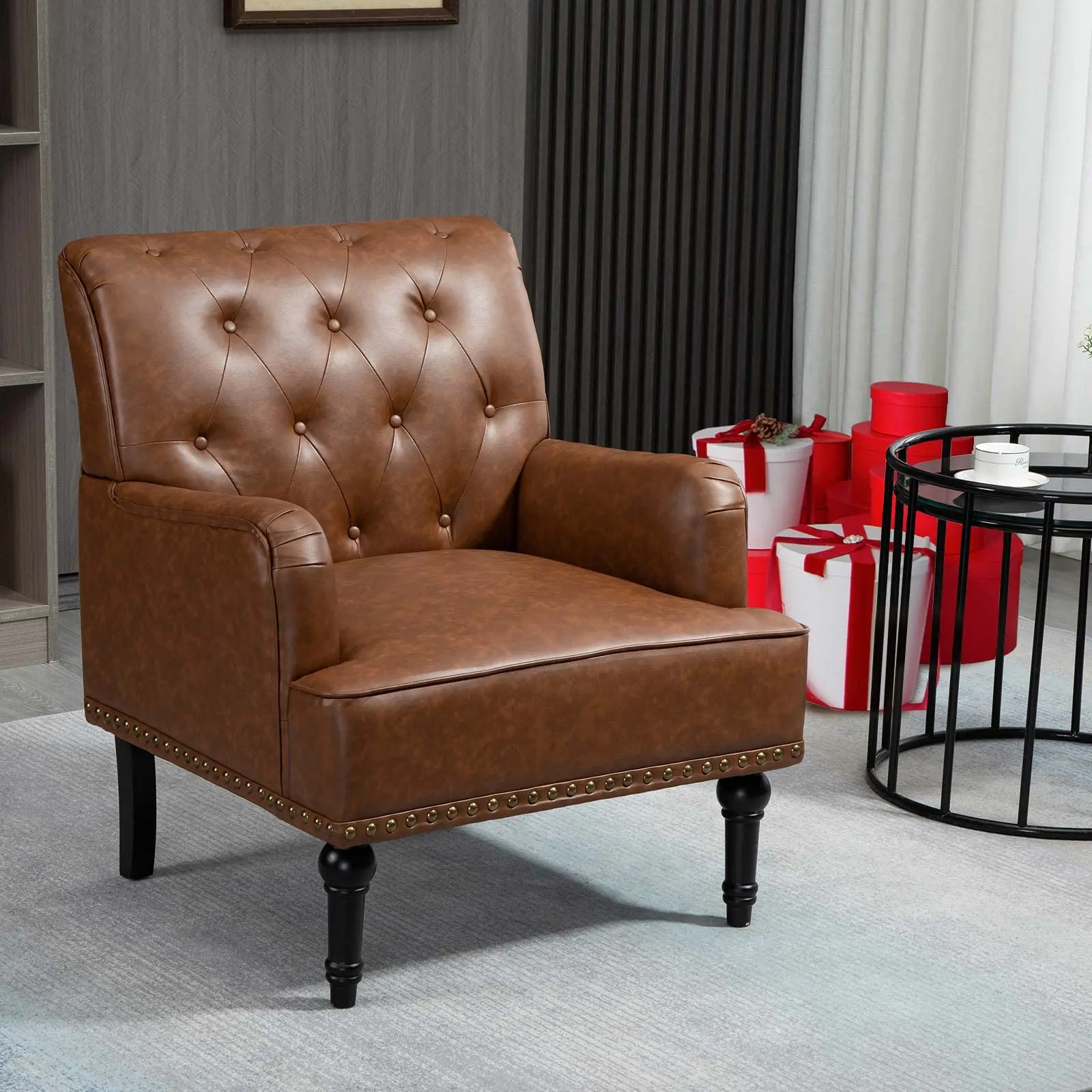 MOJAY Black Mid-Century PU Leather Elegant Accent Chair - Classic Style, Chic Club-Style Single Armchair with Solid Wood Legs for Living Room, Bedroom (Black Furniture Armchairs), Chic Armchairs