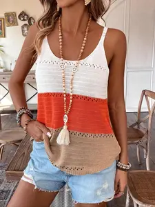Women's Bohemian Cut Out Striped Knit Short Tank Top, Sleeveless Summer Beachwear, Loose Fit Slimming Design, European Style Colorblock