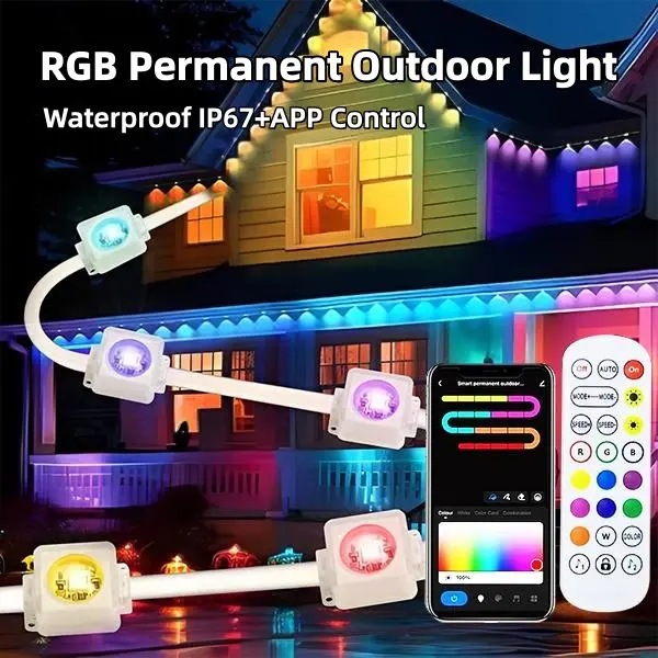 100/200FT Permanent Eaves Light RGBIC Outdoor Lighting with IP67 Waterproof, DIY Scene Mode Outdoor Roof Light, Smart Dual Control via Remote and App, 50/100 Feet Length, Suitable for Festival and Daily Decoration, Garden Decoration, Home, Party