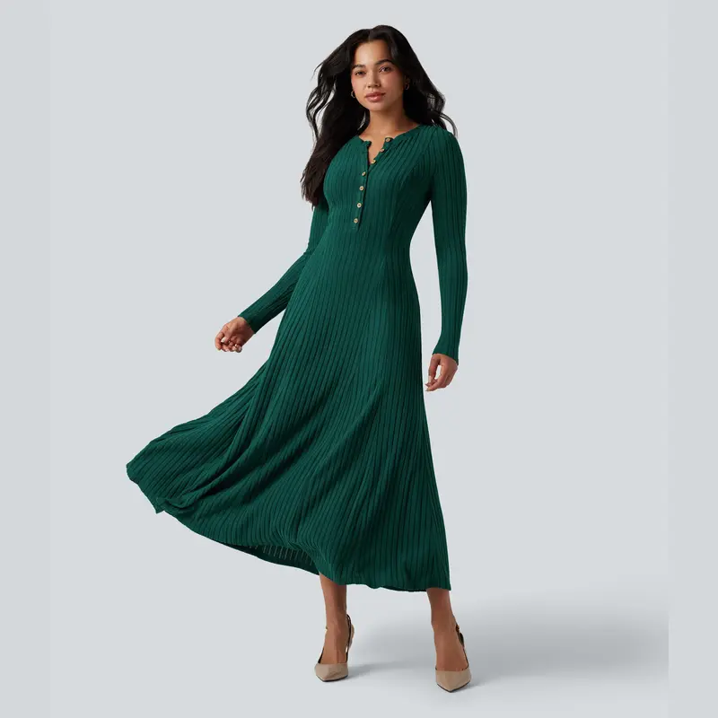 Halara Ribbed Knit Henley Neck Long Sleeve Flowy Maxi Casual Dress