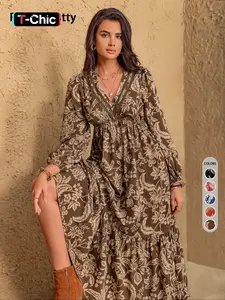 Women's Floral Print Contrast Lace Long Sleeve Ruffle Hem Dress, Elegant Bishop Sleeve V Neck A Line Dress for Vacation Holiday, Women's Clothes for Fall & Winter