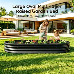 Outdoor elevated garden bed, large oval metal raised planter for growing plants, vegetables, and flowers — black