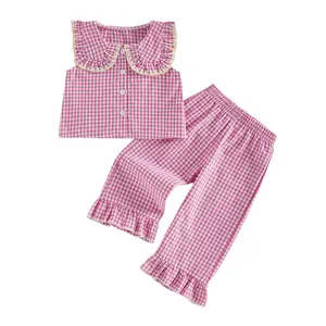 Toddler Baby Girl Two Piece Gingham Outfit Peter Pan Collar Plaid Sleeveless Button Down Vest Tank Tops Ruffled Pants Summer Clothes