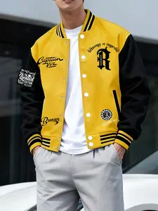 Men's Sportswear Baseball Varsity Jacket Letter R Pattern Fashion Print All Season Wear, Casual Style Button Closure Comfortable Fabric