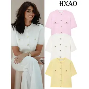 HXAO Cardigan Woman Knitwear Button Ladies Short Sleeve Knit Bolero Women's Tricot Top Summer Outerwear Crop Cardigan Top Female
