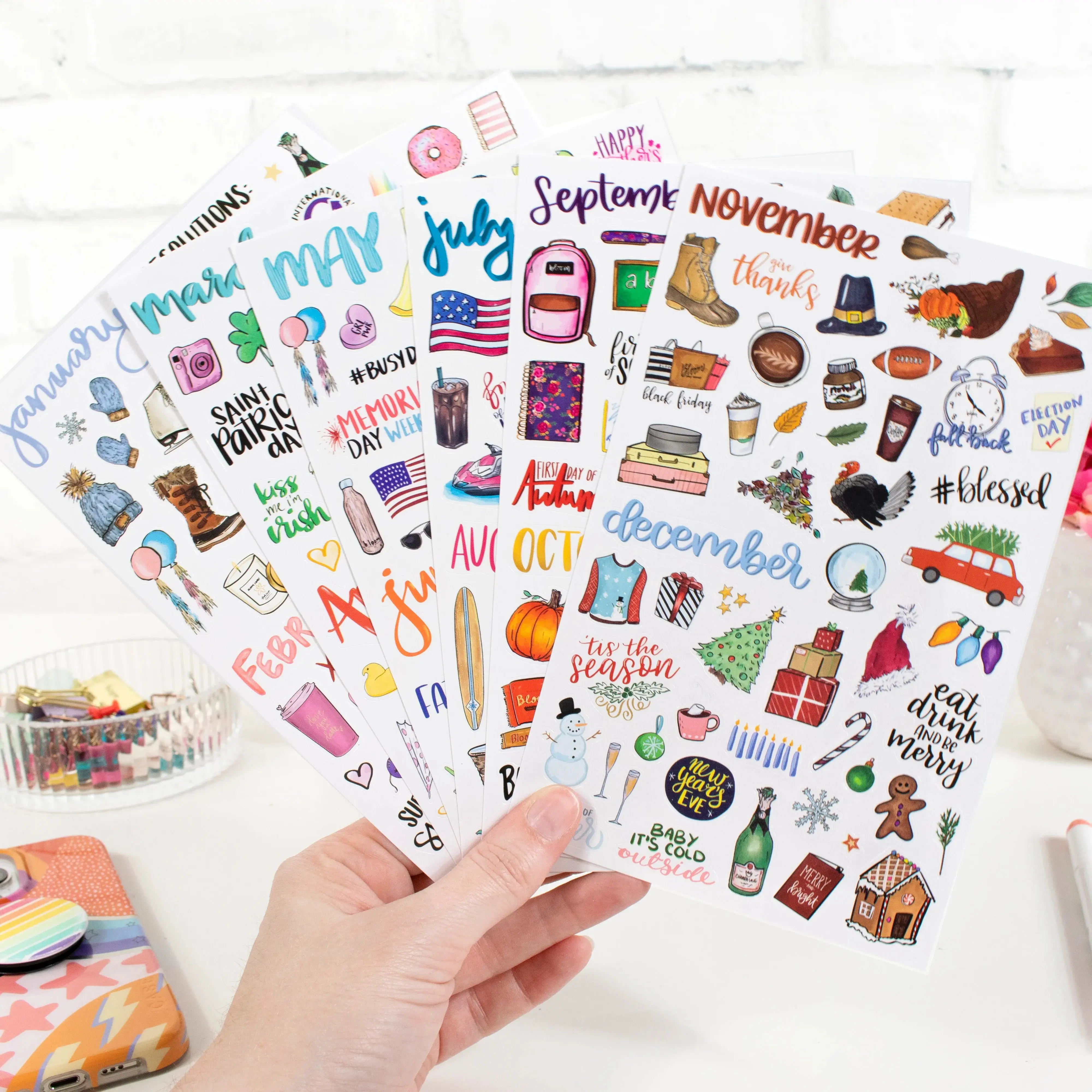 Vintage Holiday Planner Sticker Pack, Decorative All Year Hand Drawn Stickers Multicolor Monthly Scrapbooking