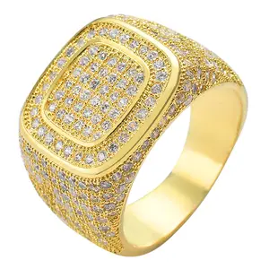 Men’s Gold Plated Iced Out Ring, Micro Paved CZ Hip Hop Band, Shiny Rapper Jewelry for Daily & Party Wear Moissanite Cuban Link